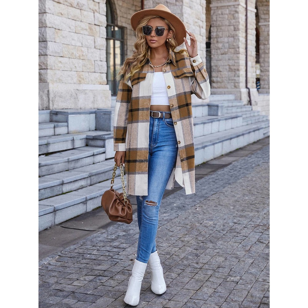 Plaid Print Drop Shoulder Overcoat long shacket boyfriend jacket tan khaki - Picture 7 of 11